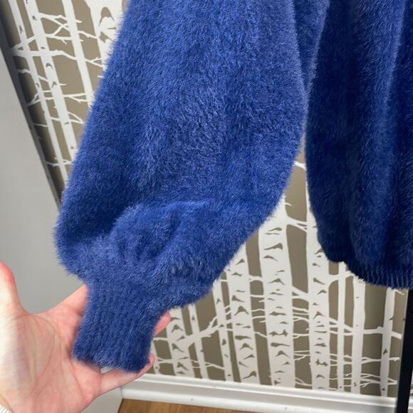 Navy Blue Fuzzy Soft Knit Oversized Mock Neck Sweater sz M - Picture 8 of 10